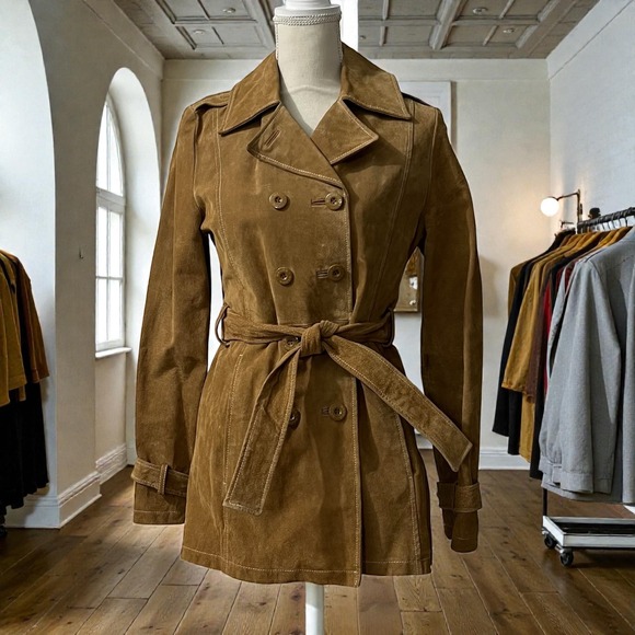 Wilsons Leather Jackets & Blazers - Wilsons Leather Brown Suede Belted Double Breasted Trench Coat Paisley Lined‎ S